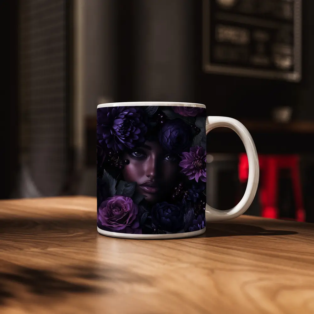 Woman Face Surrounded by Dark Purple Flowers – Mugs