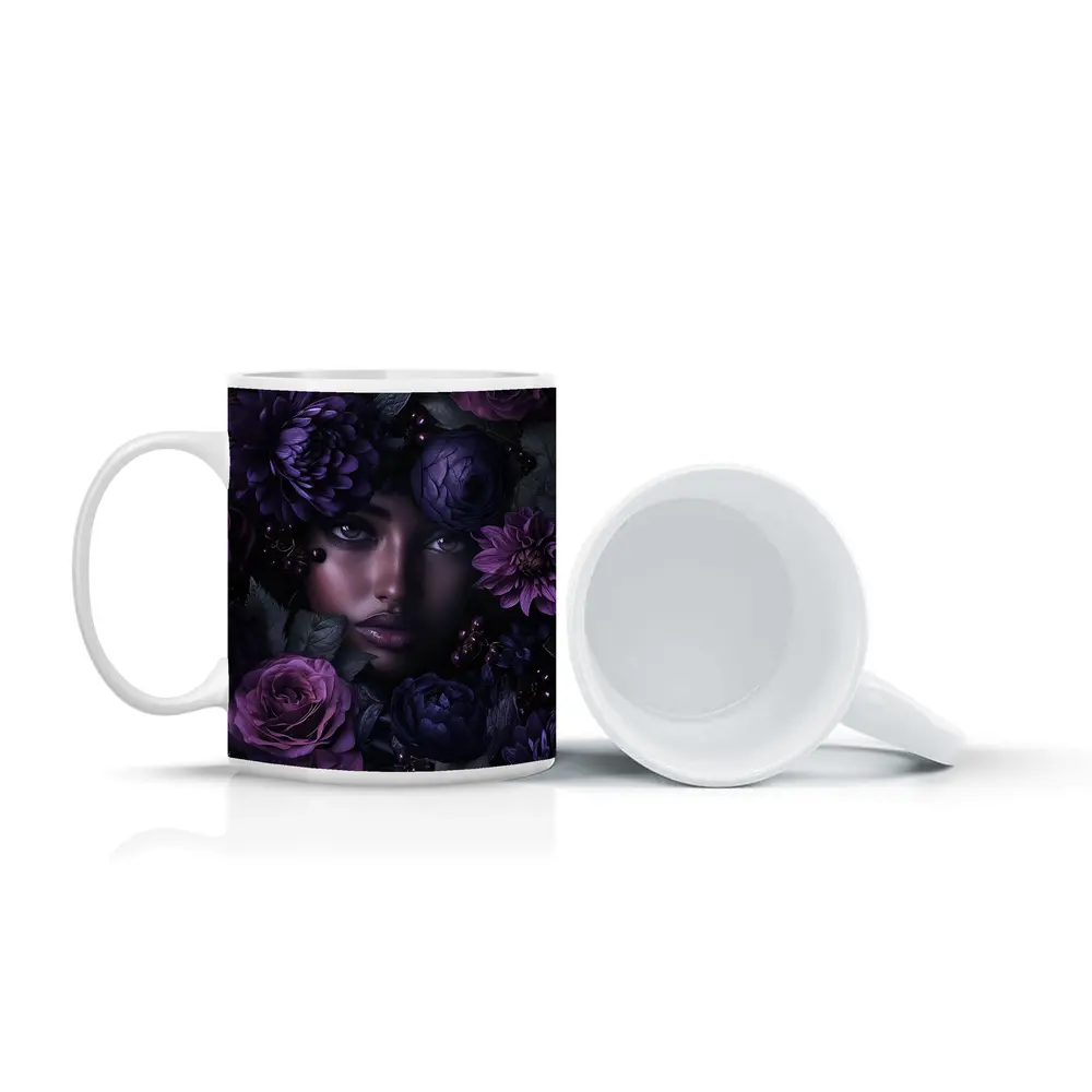 Woman Face Surrounded by Dark Purple Flowers – Mugs