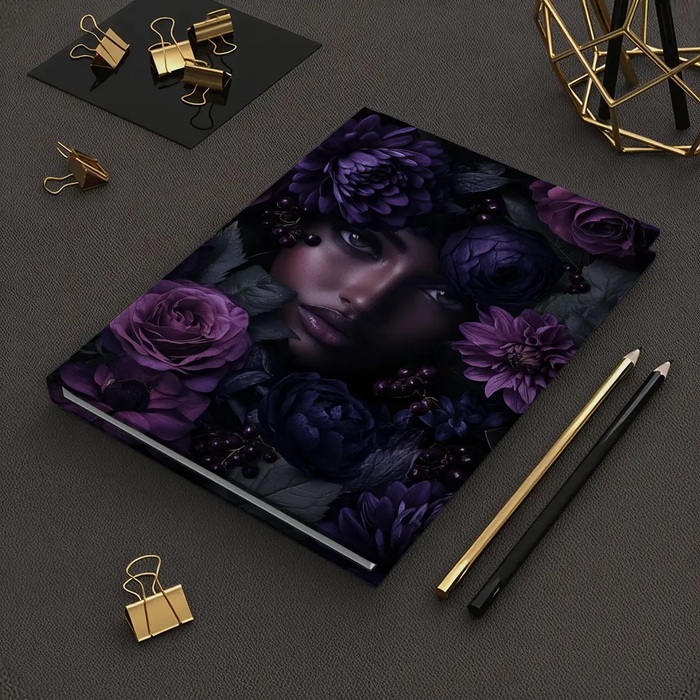 Woman Face Surrounded by Dark Purple Flowers – Notebooks