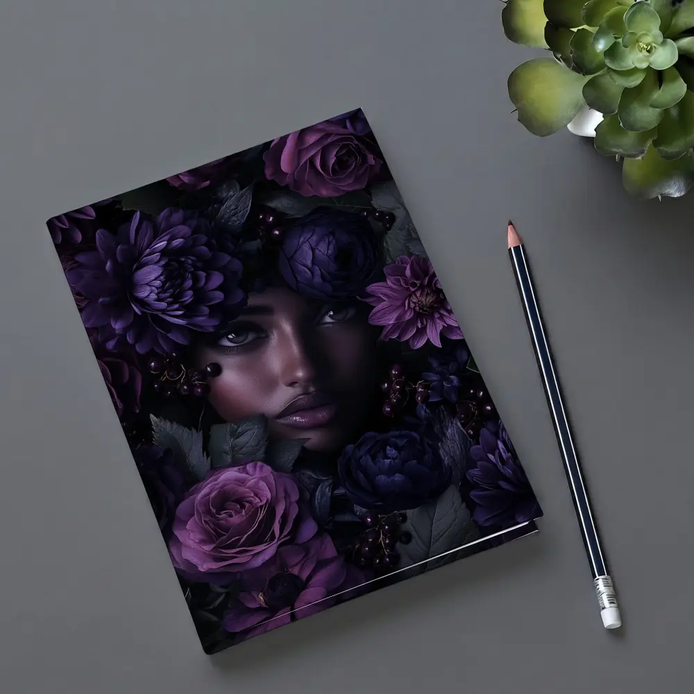 Woman Face Surrounded by Dark Purple Flowers – Notebooks