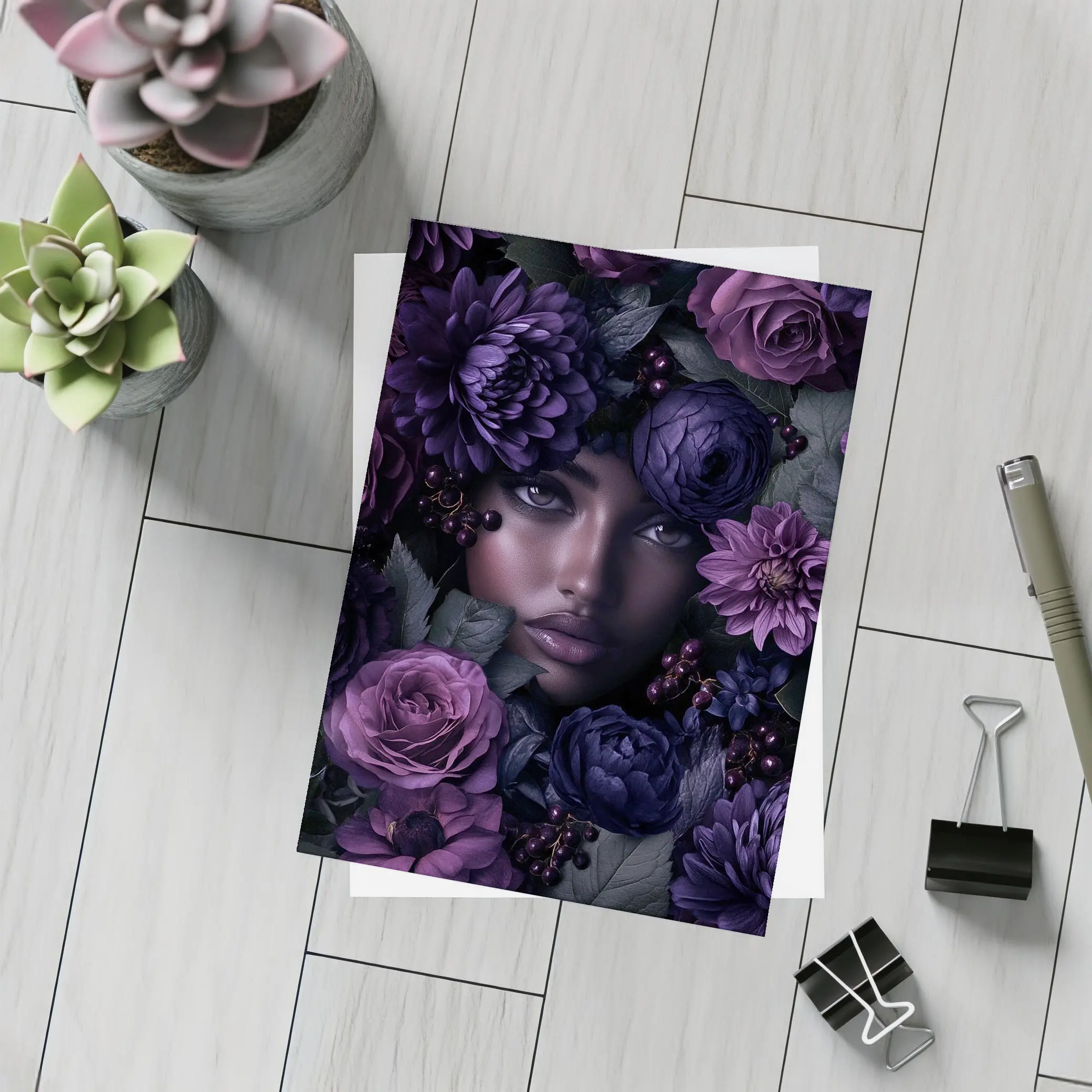 Woman Face Surrounded by Dark Purple Flowers – Postcards