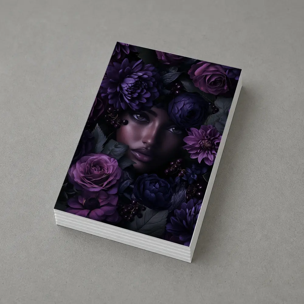 Woman Face Surrounded by Dark Purple Flowers – Postcards
