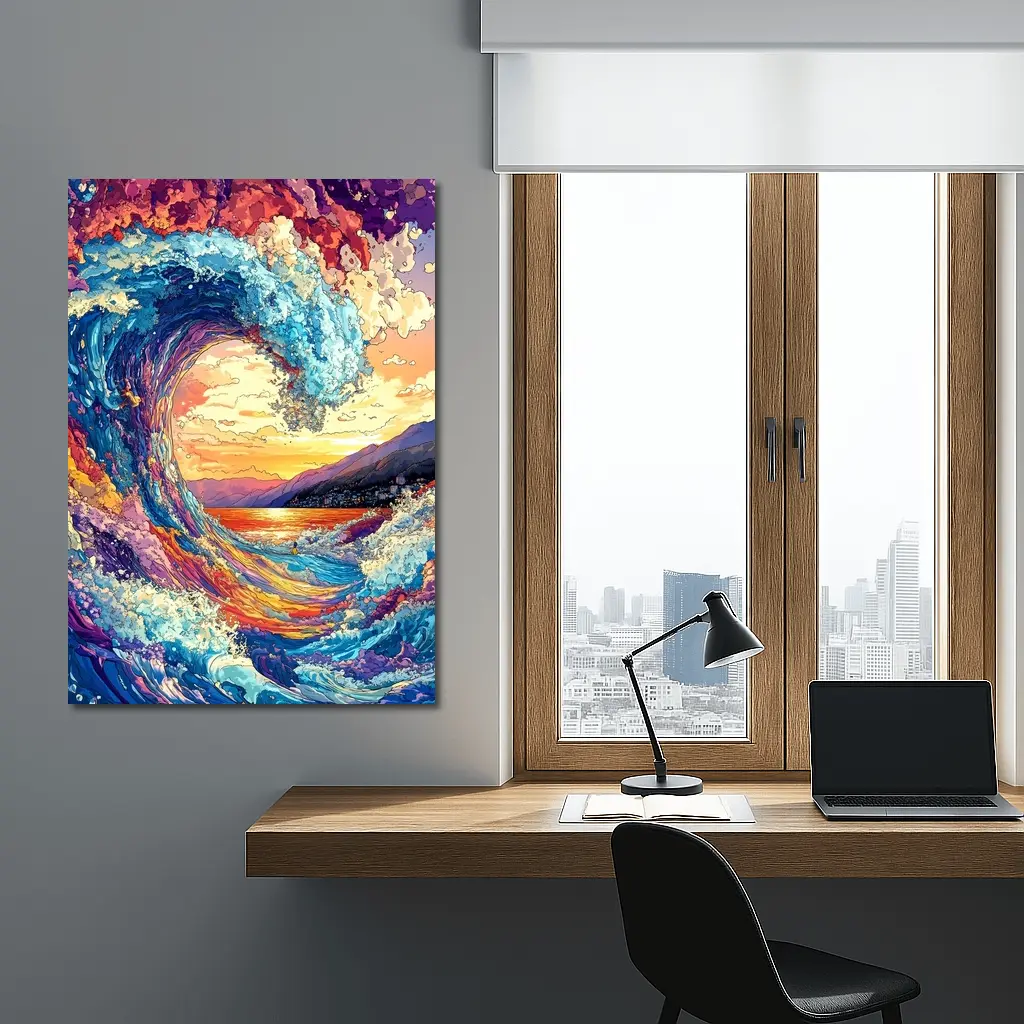 Colorful Ocean Wave Sunset Mountains Art – Wall Art