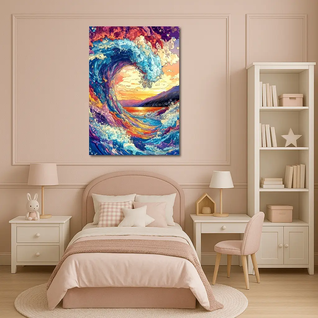Colorful Ocean Wave Sunset Mountains Art – Wall Art