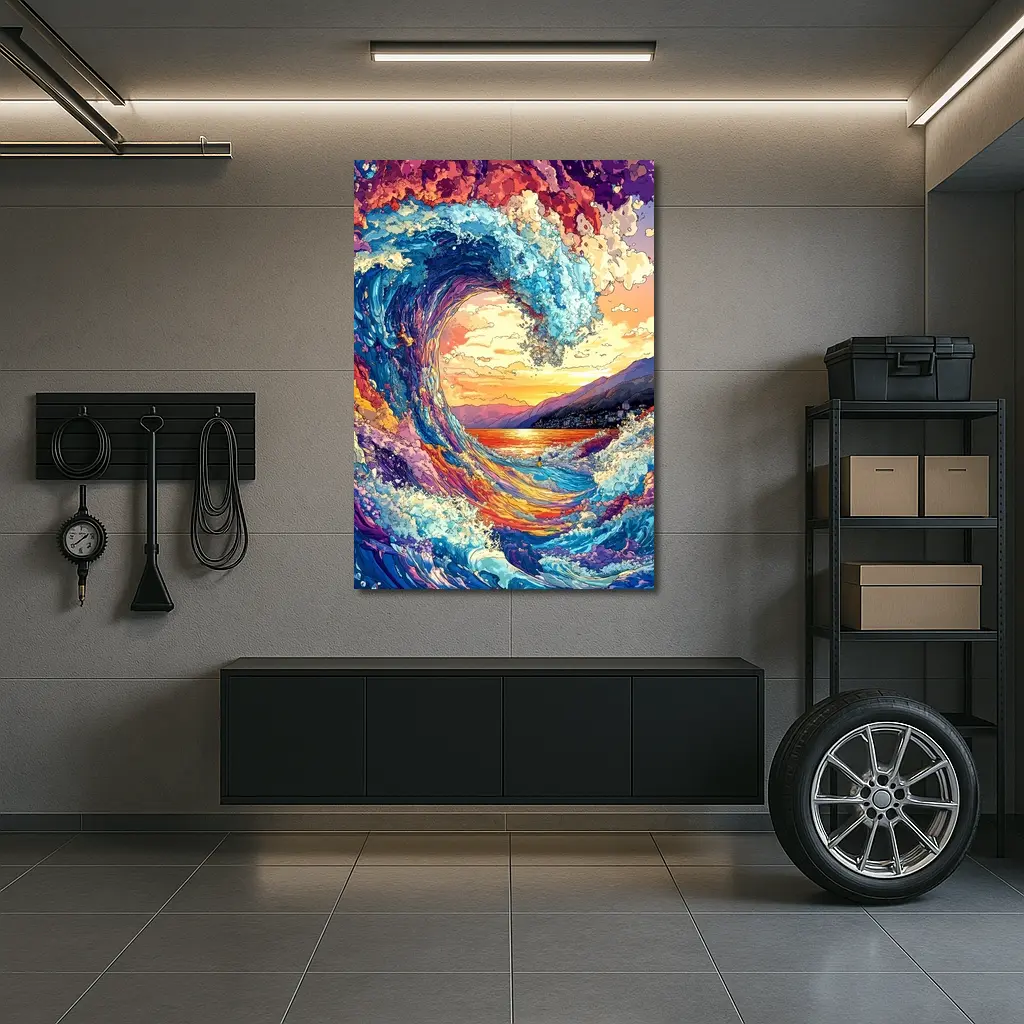 Colorful Ocean Wave Sunset Mountains Art – Wall Art
