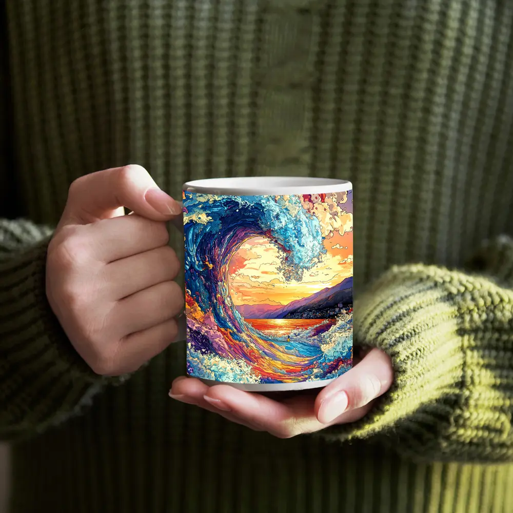 Colorful Ocean Wave Sunset Mountains Art – Mugs