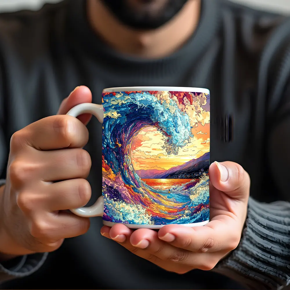 Colorful Ocean Wave Sunset Mountains Art – Mugs