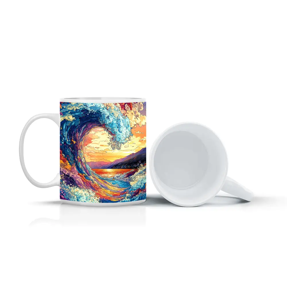 Colorful Ocean Wave Sunset Mountains Art – Mugs