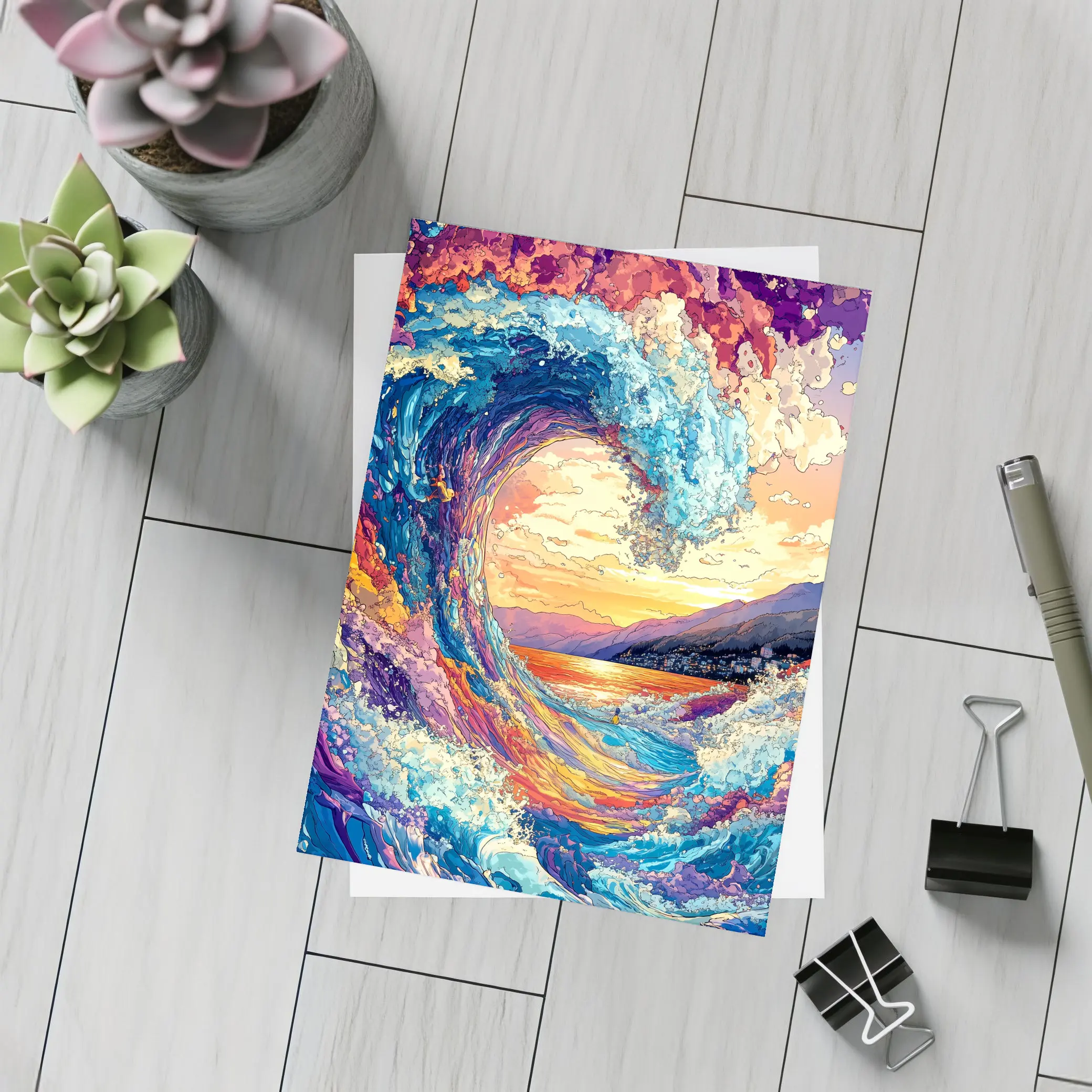 Colorful Ocean Wave Sunset Mountains Art – Postcards