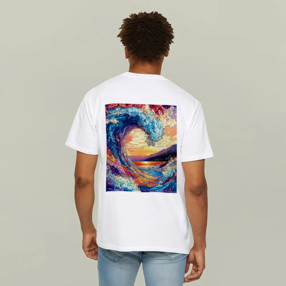 Colorful Ocean Wave Sunset Mountains Art – T-Shirts
