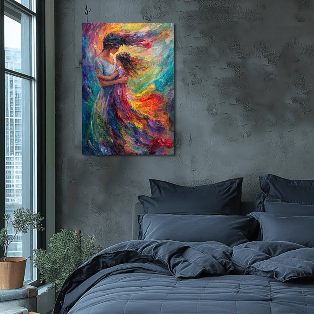 Mother and Daughter Embrace Colorful Oil Painting – Wall Art