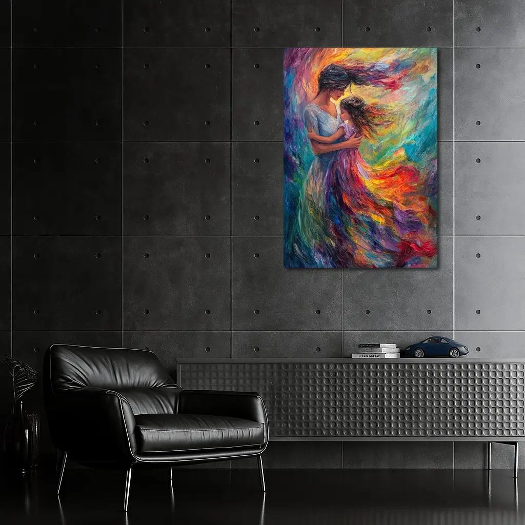 Mother and Daughter Embrace Colorful Oil Painting – Wall Art