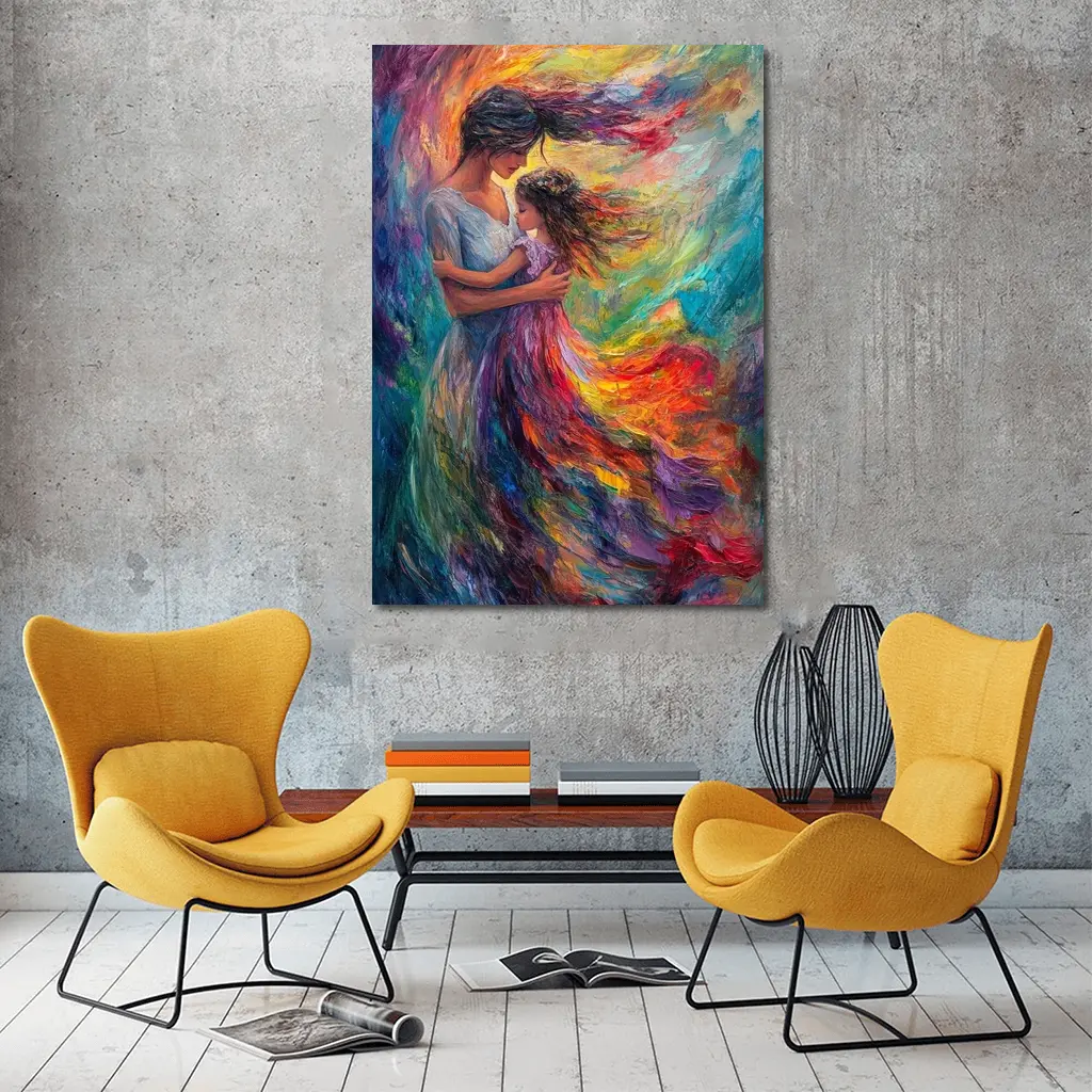 Mother and Daughter Embrace Colorful Oil Painting – Wall Art