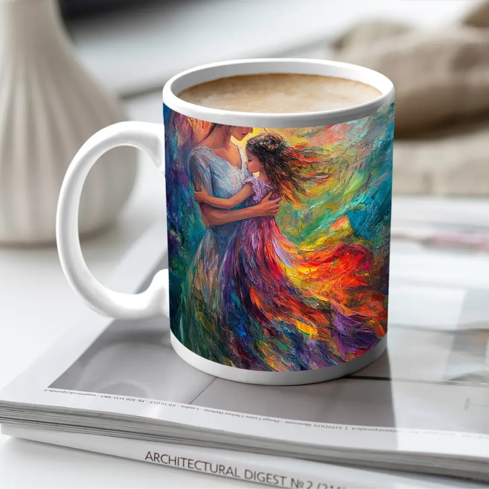 Mother and Daughter Embrace Colorful Oil Painting – Mugs