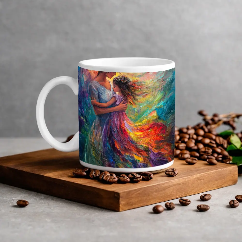 Mother and Daughter Embrace Colorful Oil Painting – Mugs