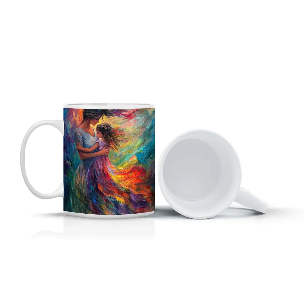 Mother and Daughter Embrace Colorful Oil Painting – Mugs