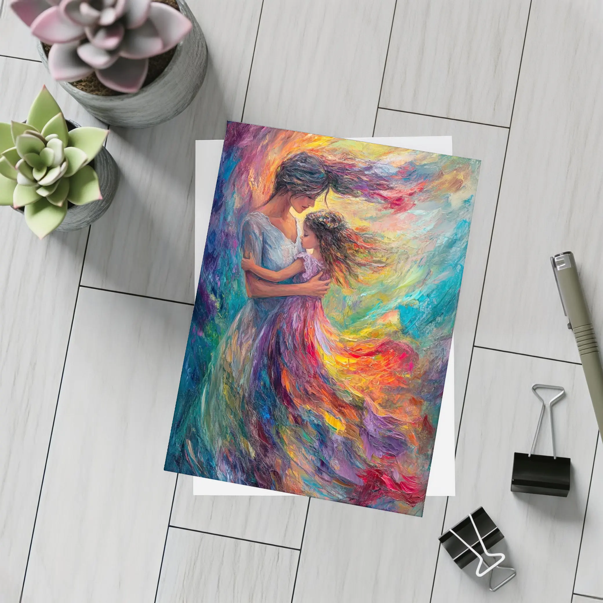 Mother and Daughter Embrace Colorful Oil Painting – Postcards