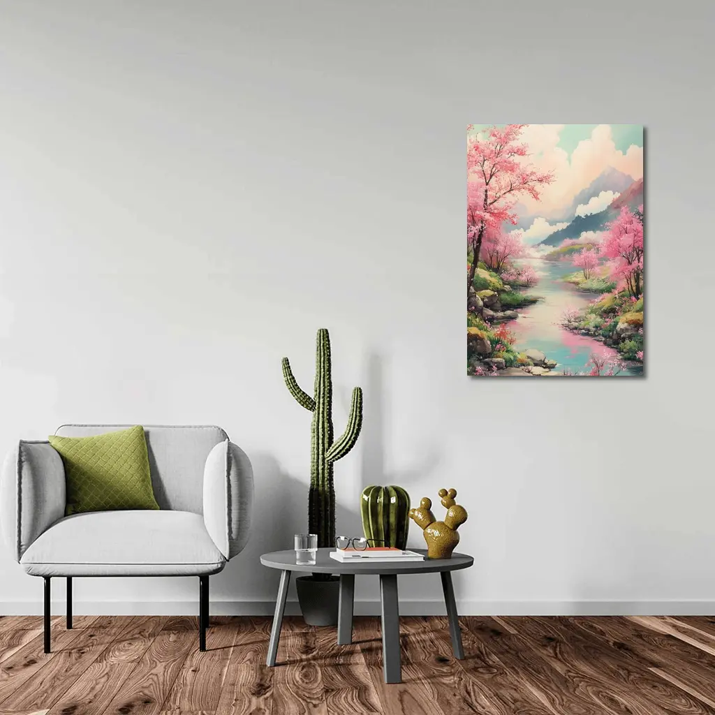 Cherry Blossoms River Mountain Landscape Painting – Wall Art