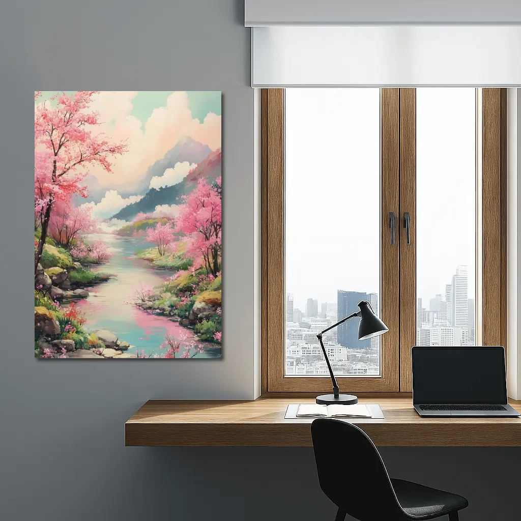 Cherry Blossoms River Mountain Landscape Painting – Wall Art