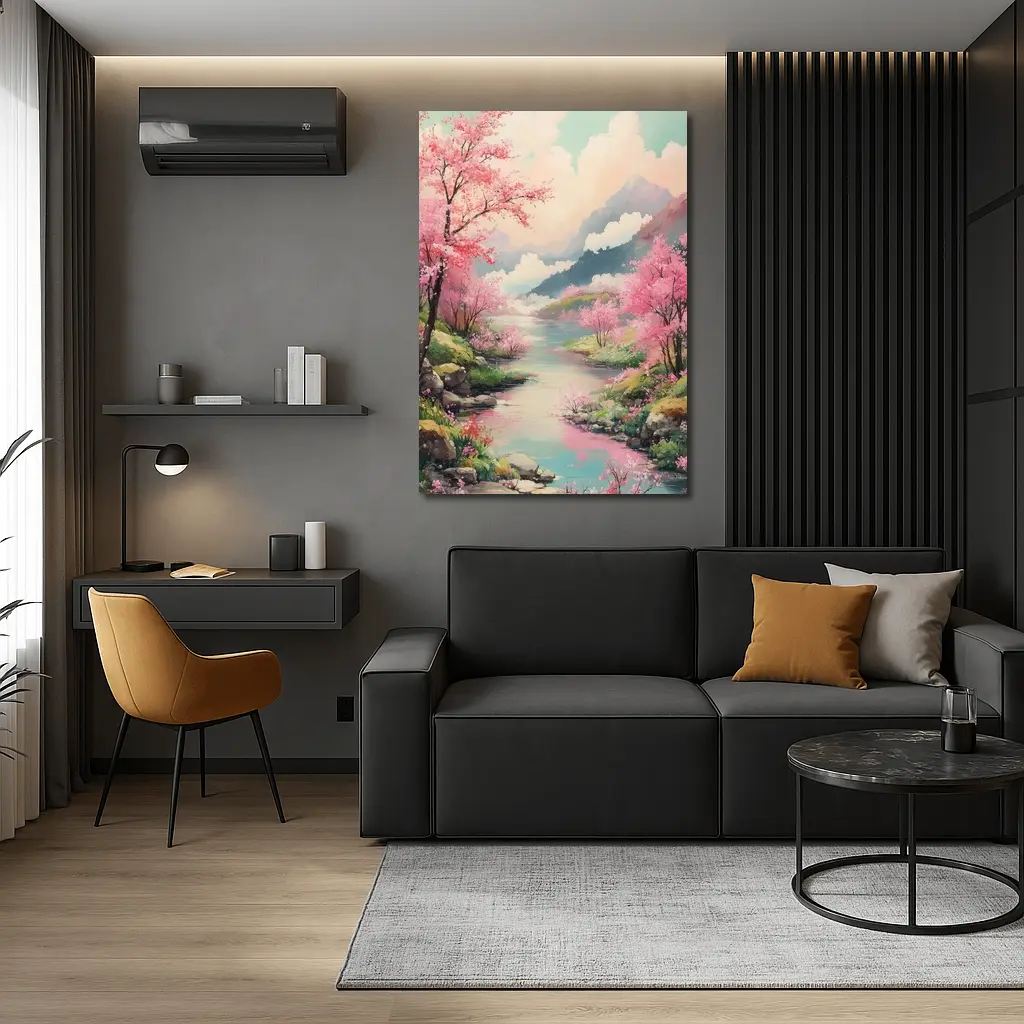 Cherry Blossoms River Mountain Landscape Painting – Wall Art
