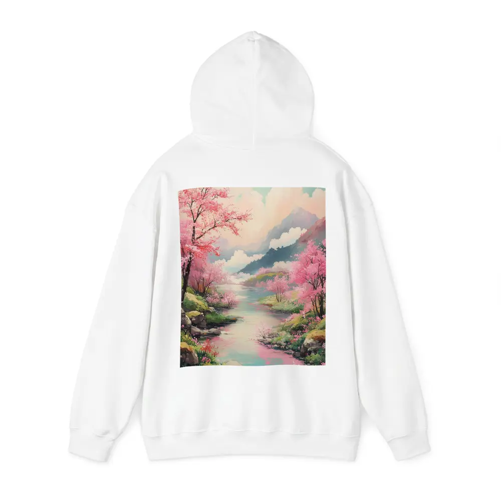 Cherry Blossoms River Mountain Landscape Painting – Hoodies