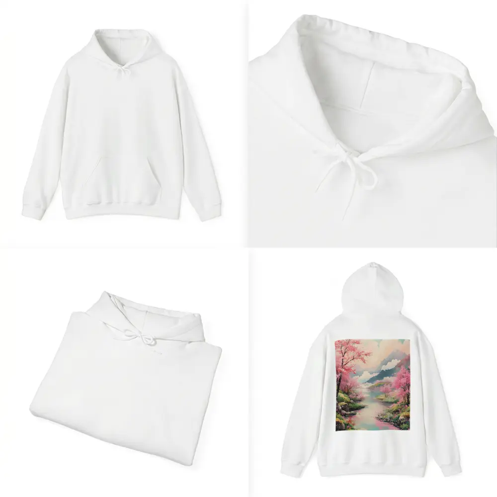 Cherry Blossoms River Mountain Landscape Painting – Hoodies