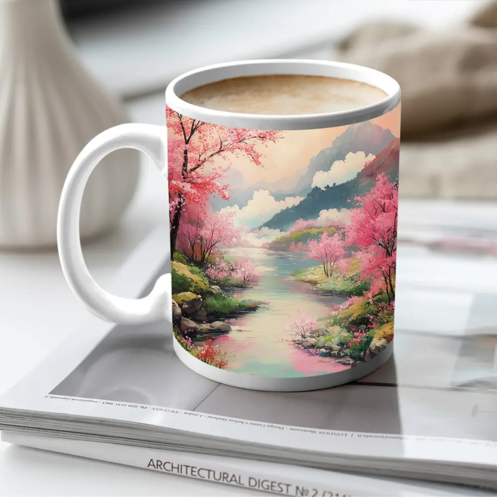 Cherry Blossoms River Mountain Landscape Painting – Mugs