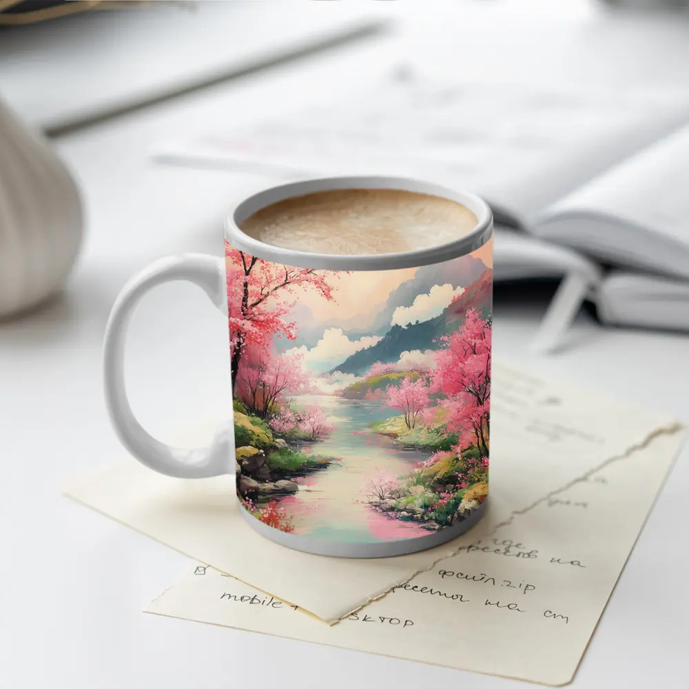 Cherry Blossoms River Mountain Landscape Painting – Mugs