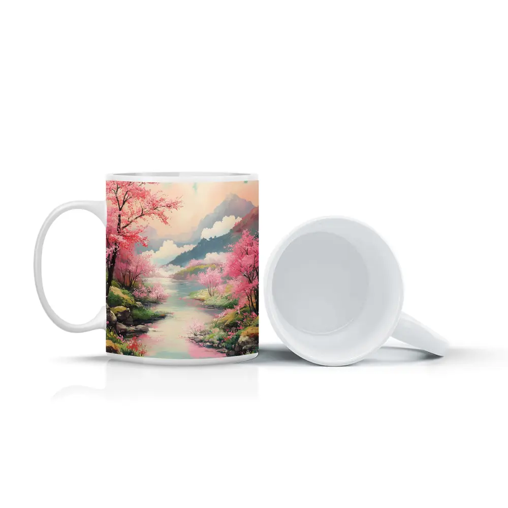 Cherry Blossoms River Mountain Landscape Painting – Mugs