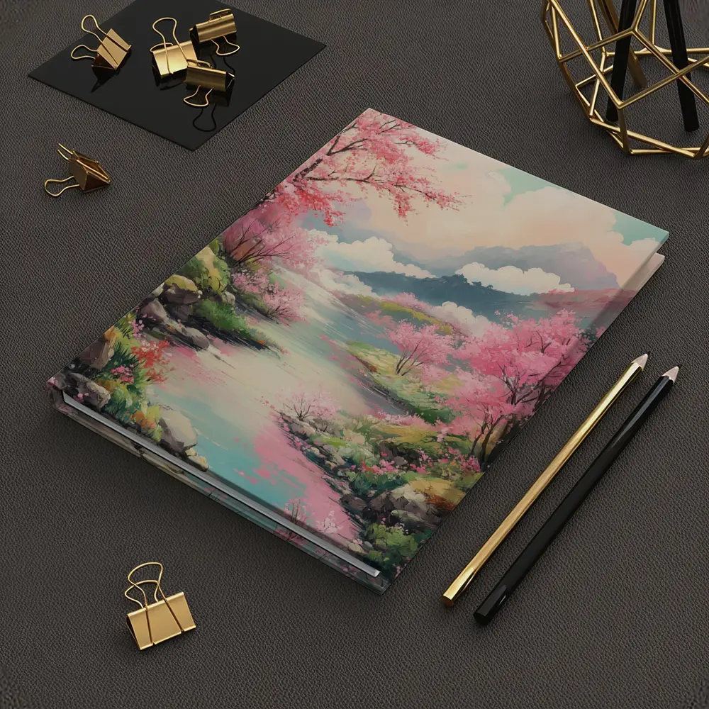 Cherry Blossoms River Mountain Landscape Painting – Notebooks