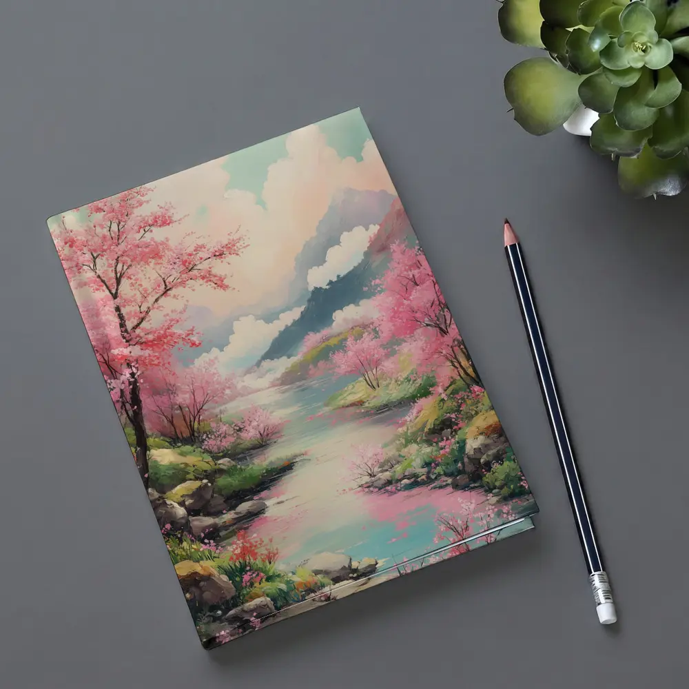 Cherry Blossoms River Mountain Landscape Painting – Notebooks