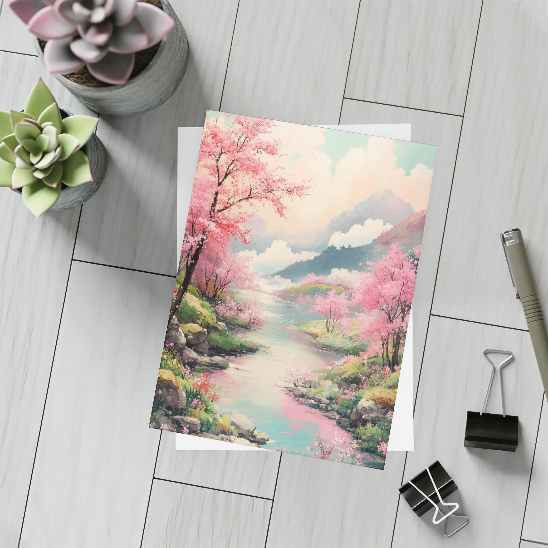 Cherry Blossoms River Mountain Landscape Painting – Postcards
