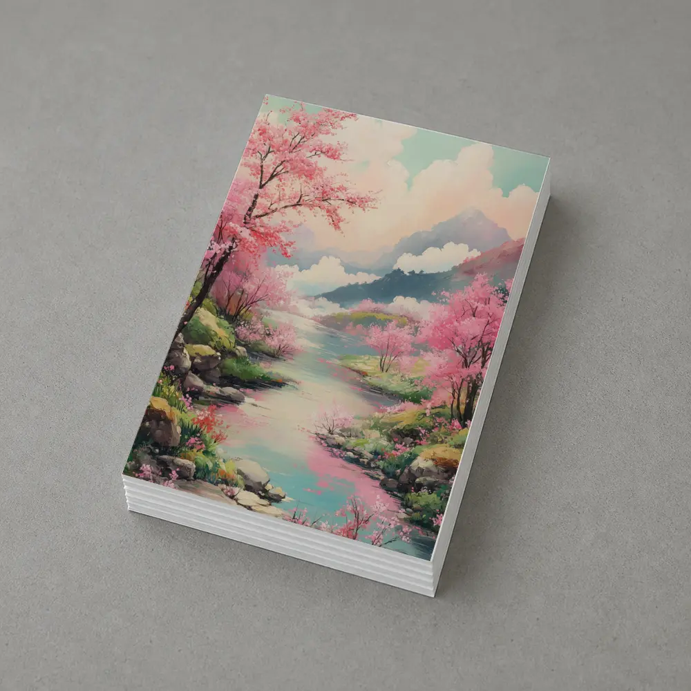 Cherry Blossoms River Mountain Landscape Painting – Postcards