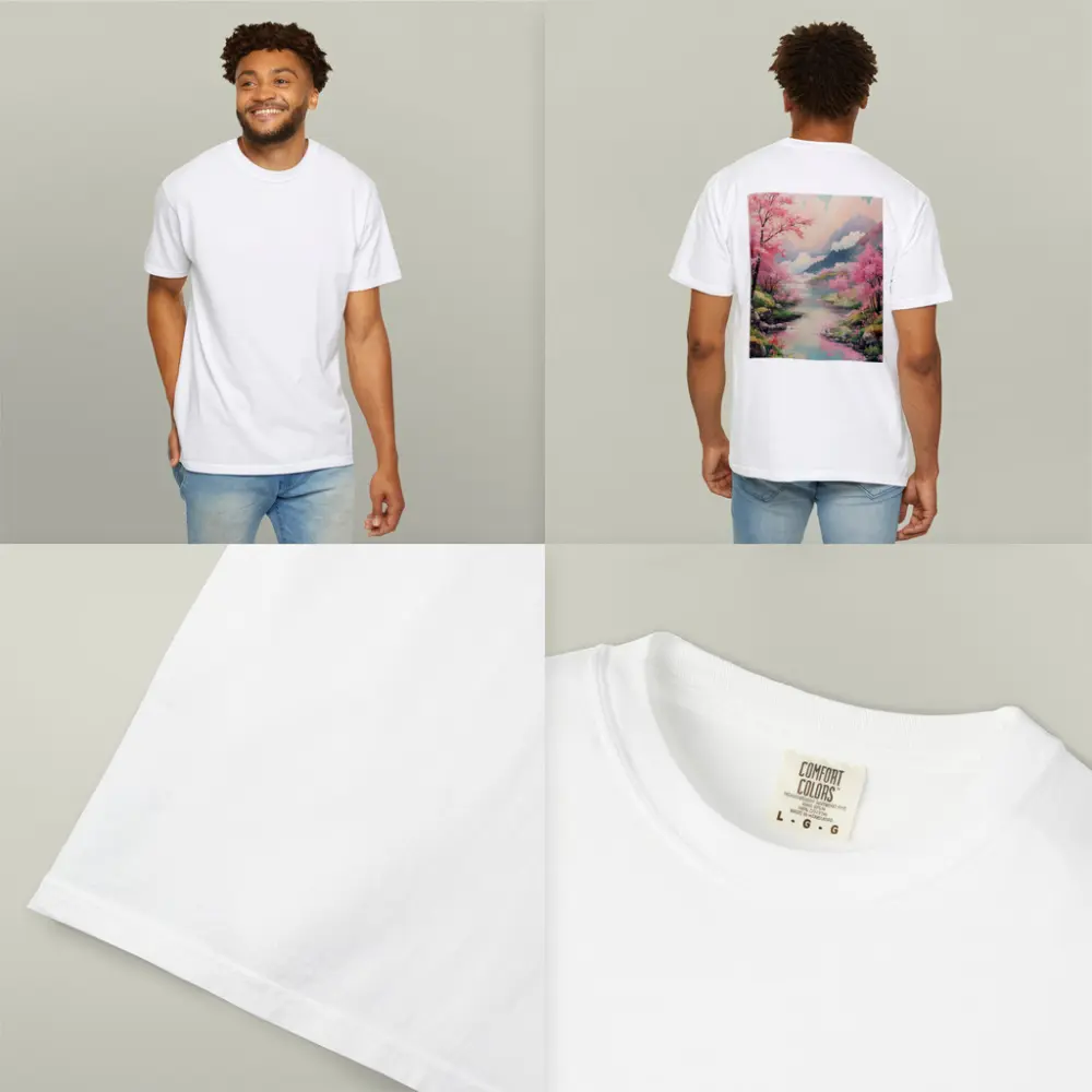 Cherry Blossoms River Mountain Landscape Painting – T-Shirts