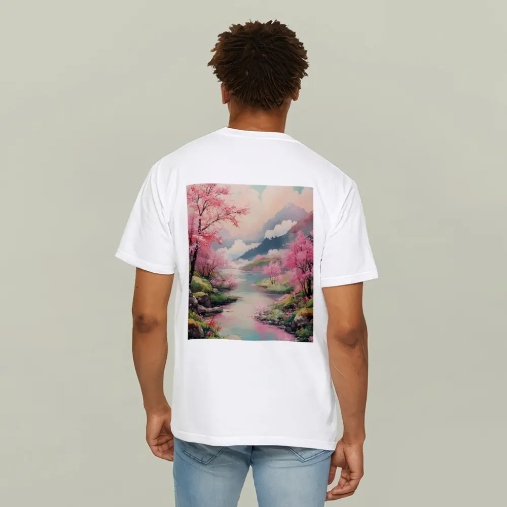 Cherry Blossoms River Mountain Landscape Painting – T-Shirts