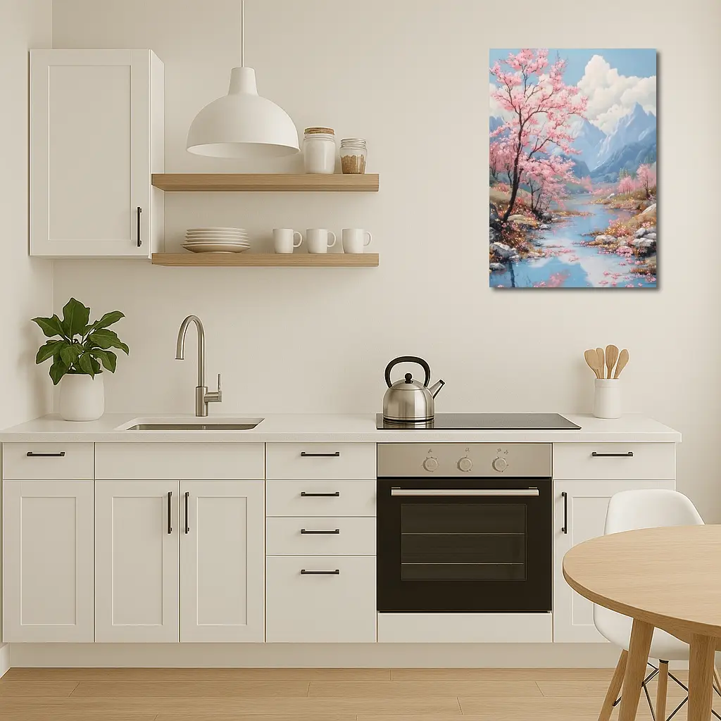 Cherry Blossoms River Mountain Landscape Painting – Wall Art