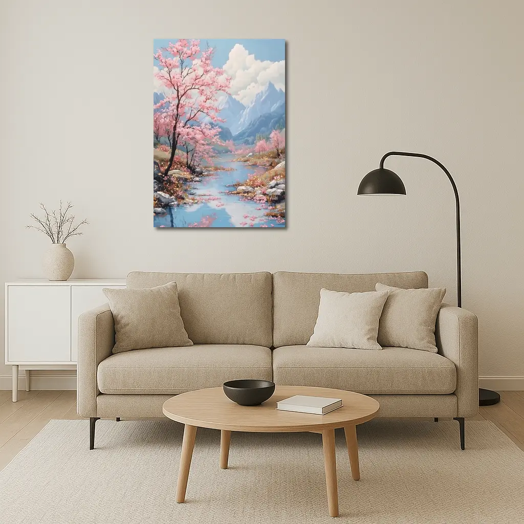 Cherry Blossoms River Mountain Landscape Painting – Wall Art