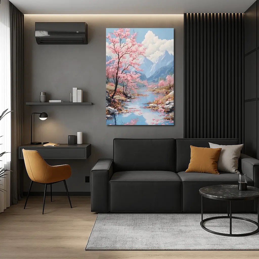 Cherry Blossoms River Mountain Landscape Painting – Wall Art