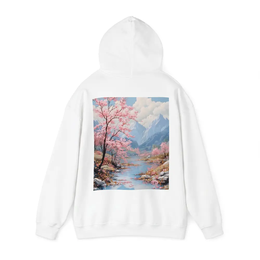 Cherry Blossoms River Mountain Landscape Painting – Hoodies
