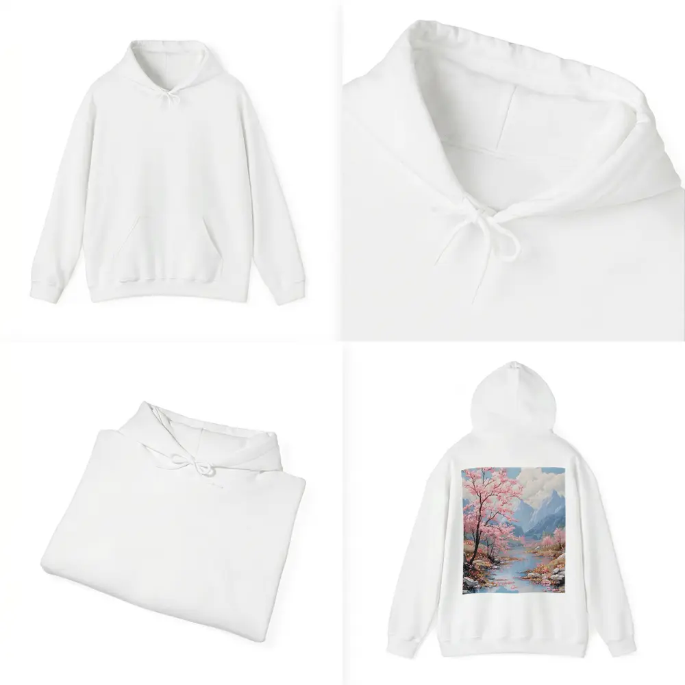 Cherry Blossoms River Mountain Landscape Painting – Hoodies