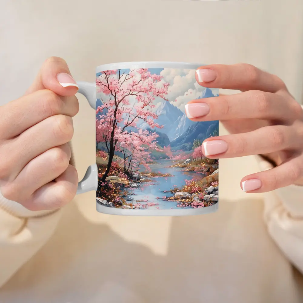 Cherry Blossoms River Mountain Landscape Painting – Mugs