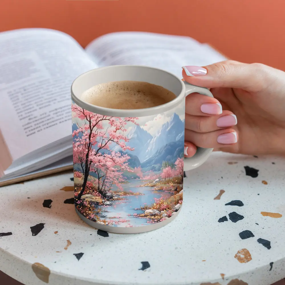 Cherry Blossoms River Mountain Landscape Painting – Mugs