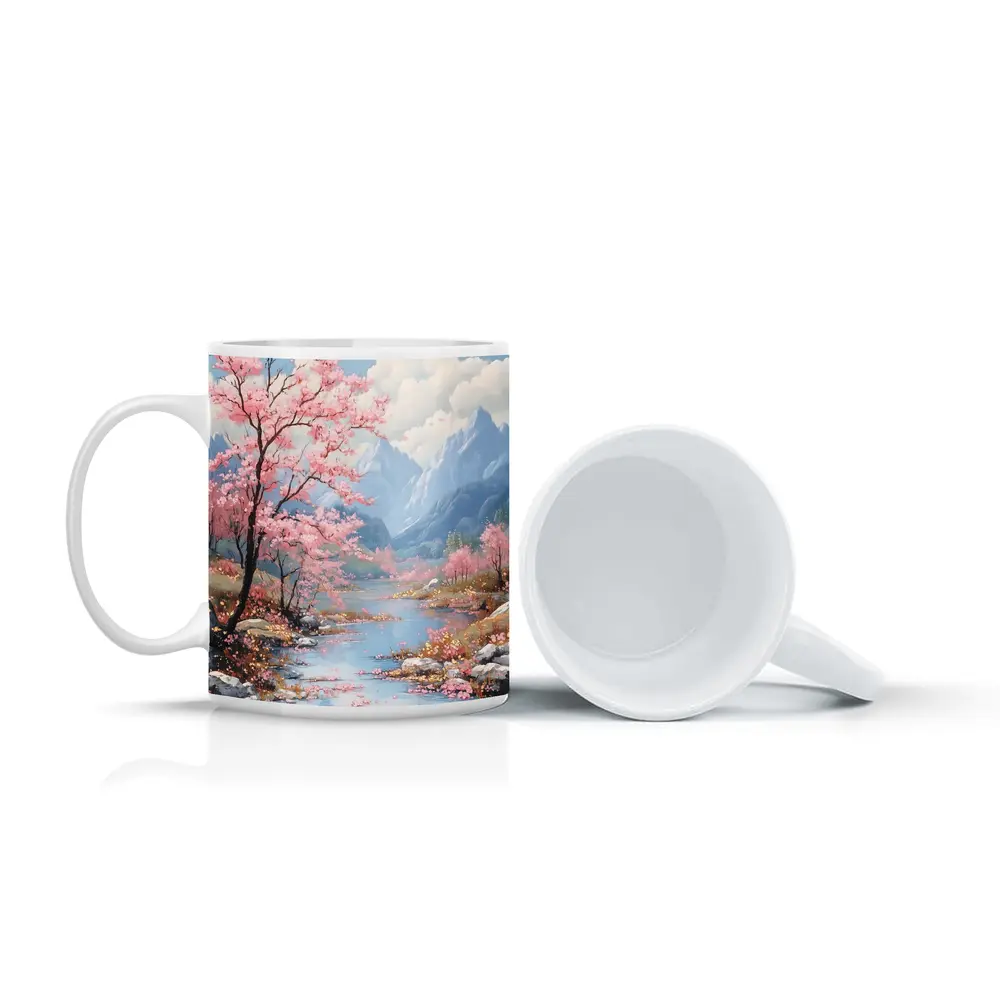 Cherry Blossoms River Mountain Landscape Painting – Mugs