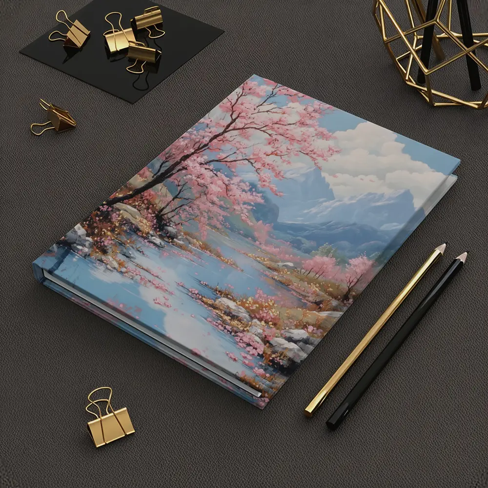 Cherry Blossoms River Mountain Landscape Painting – Notebooks