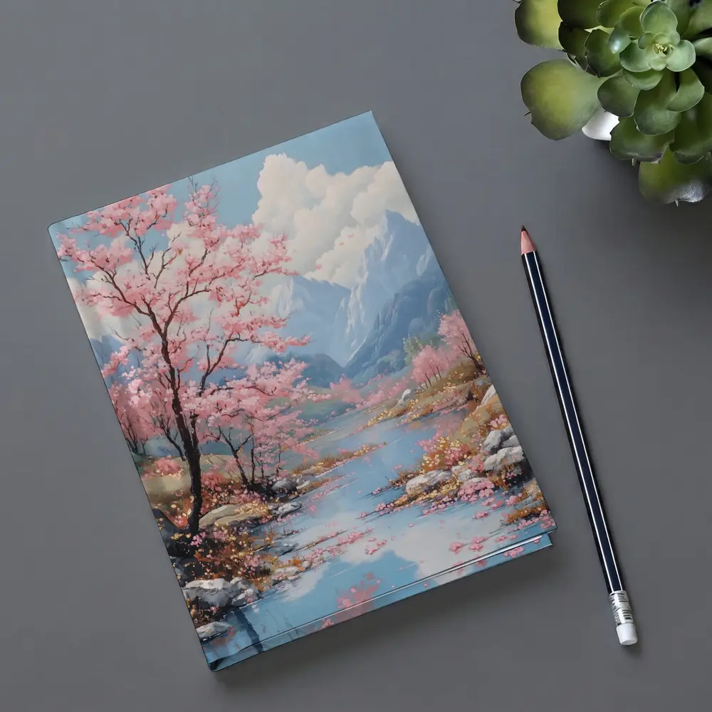 Cherry Blossoms River Mountain Landscape Painting – Notebooks