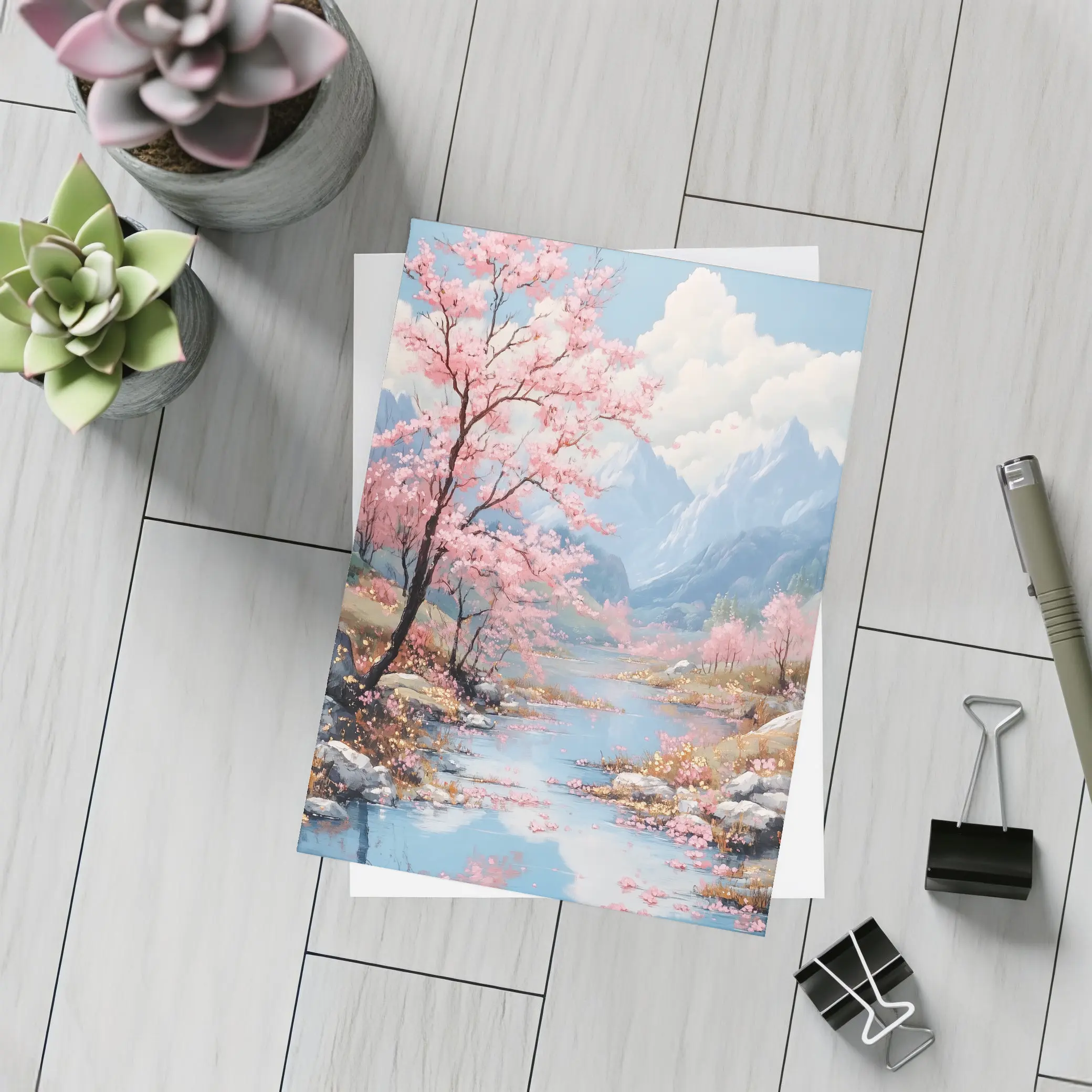 Cherry Blossoms River Mountain Landscape Painting – Postcards