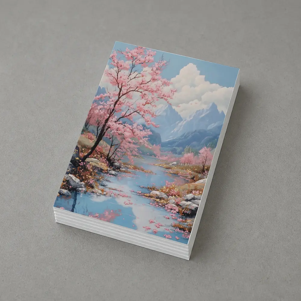 Cherry Blossoms River Mountain Landscape Painting – Postcards