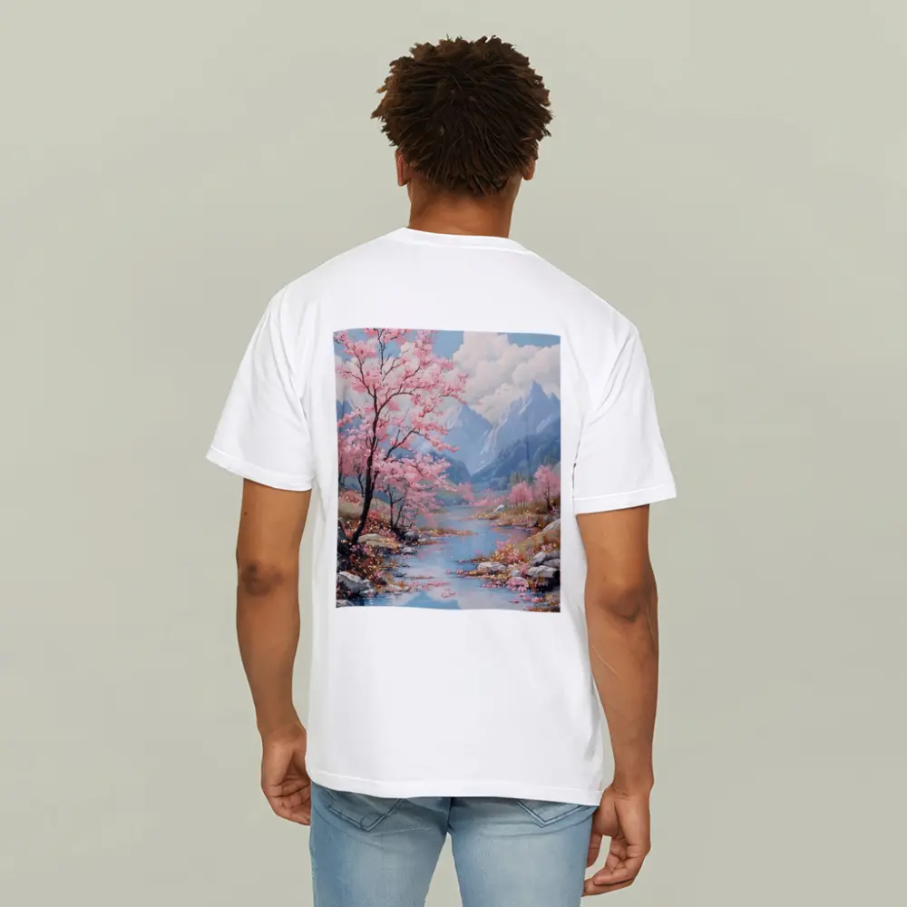 Cherry Blossoms River Mountain Landscape Painting – T-Shirts