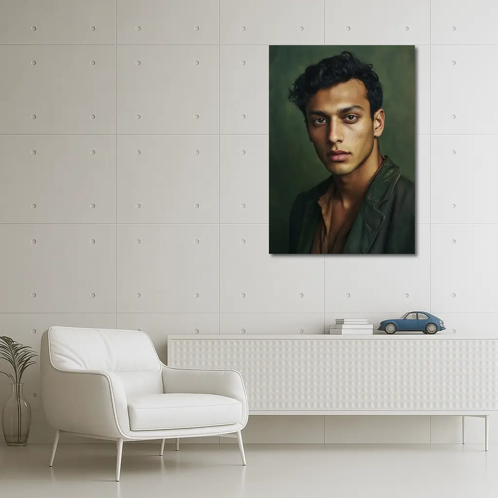 Young Man Portrait Dark Green Background – Wall Art