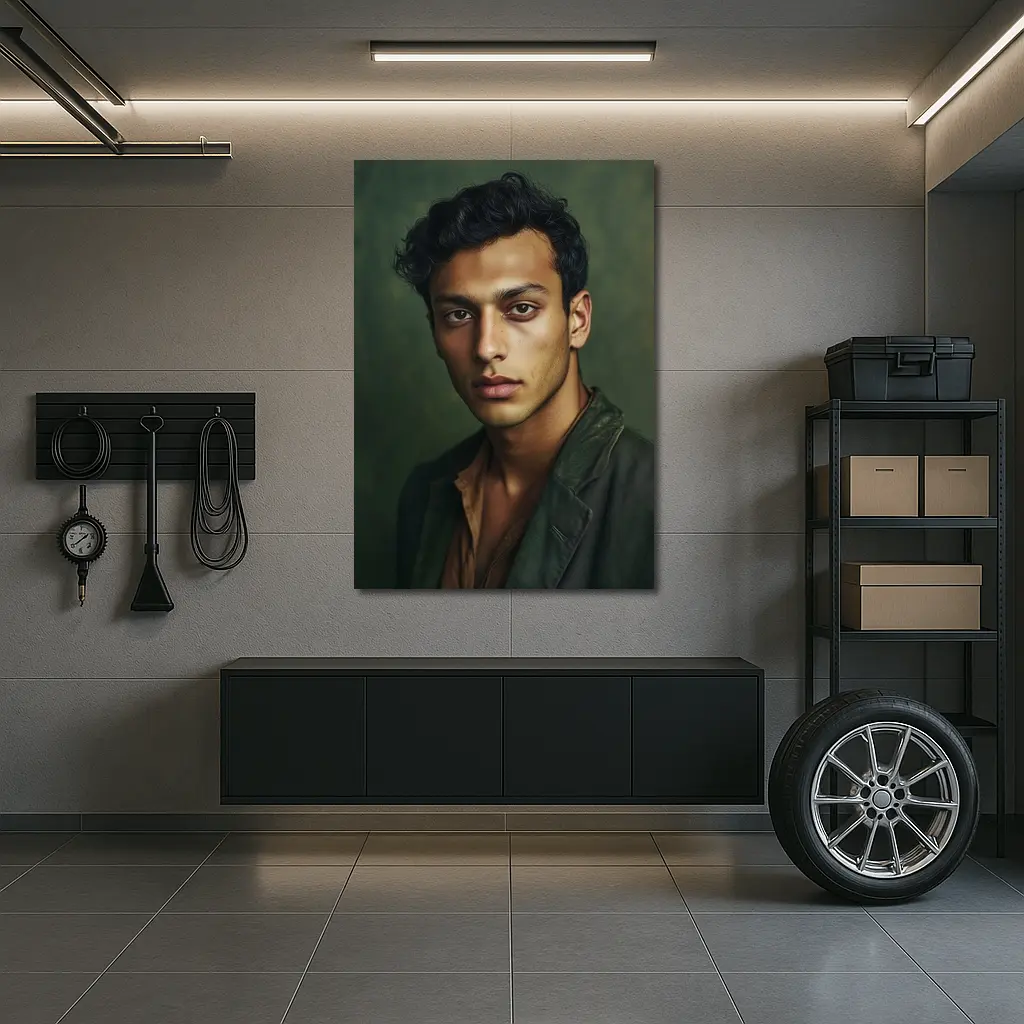 Young Man Portrait Dark Green Background – Wall Art